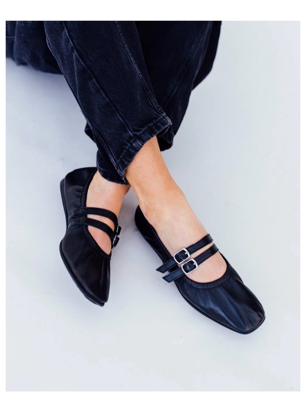 Free People Gemini Mary Jane Square Toe Ballet Flats Black Buckle Slip On 9.5